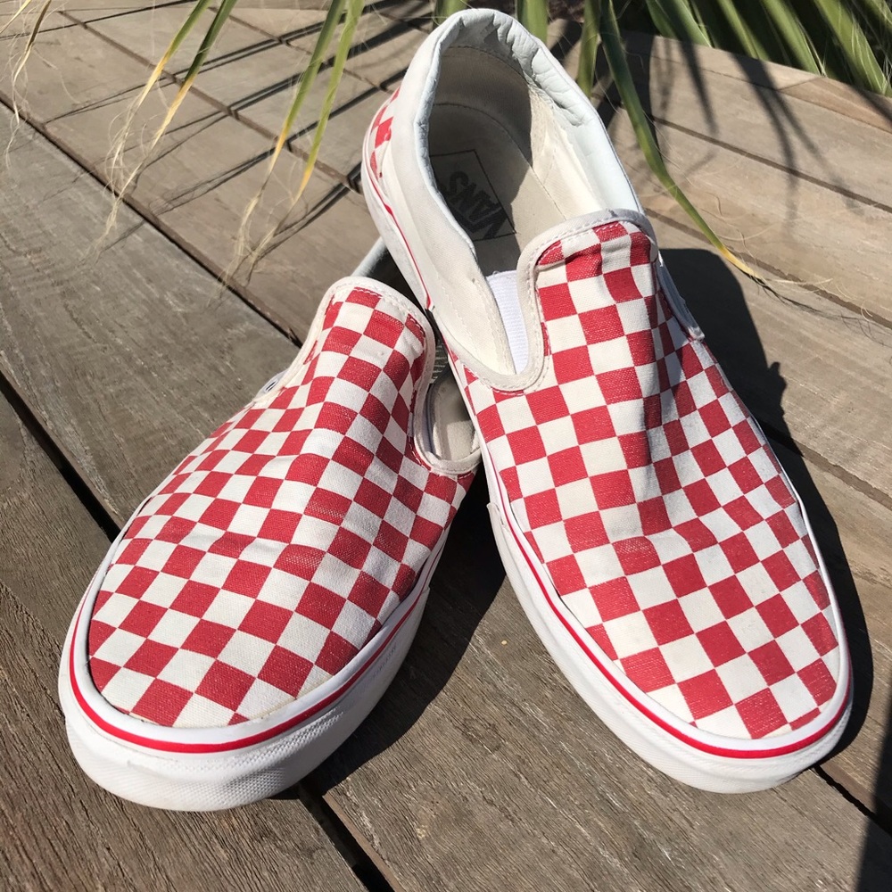 Red checkered Vans slip ons